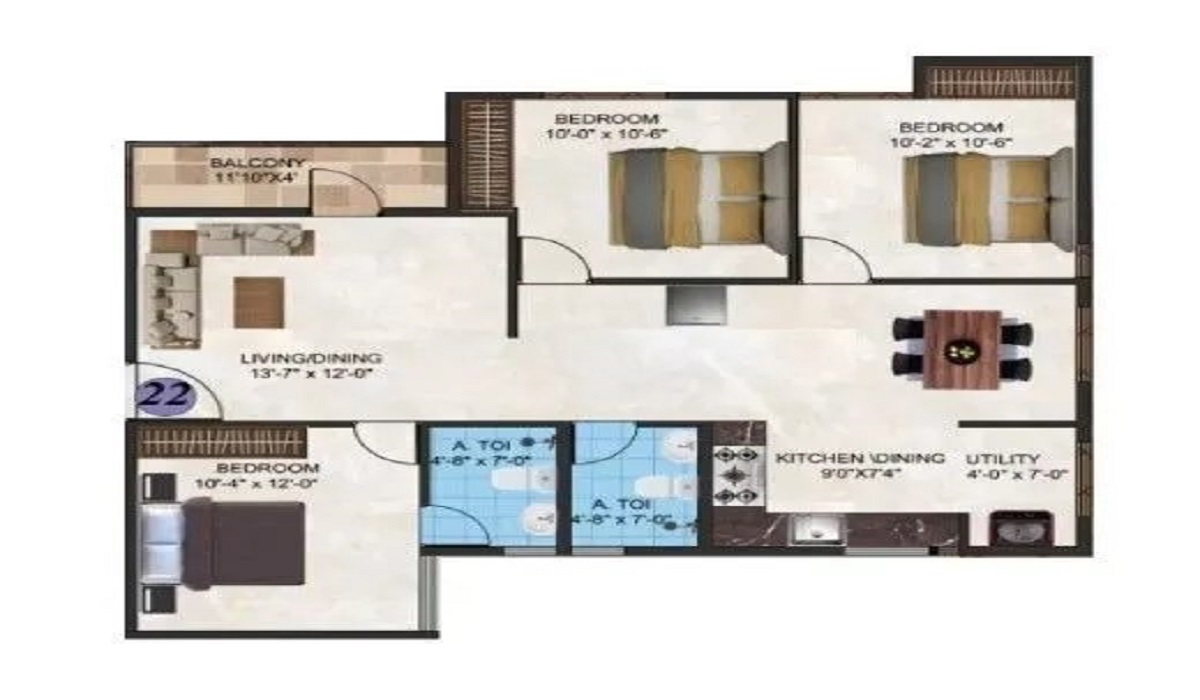3BHK Floor Plan DS-MAX Sky Sanjeevini, Tumkur Road, Bangalore