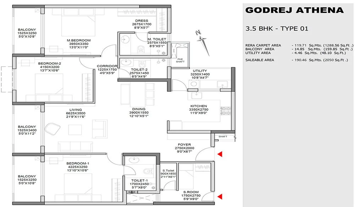 3BHK Floor Plan Godrej Athena in Indiranagar, Bangalore