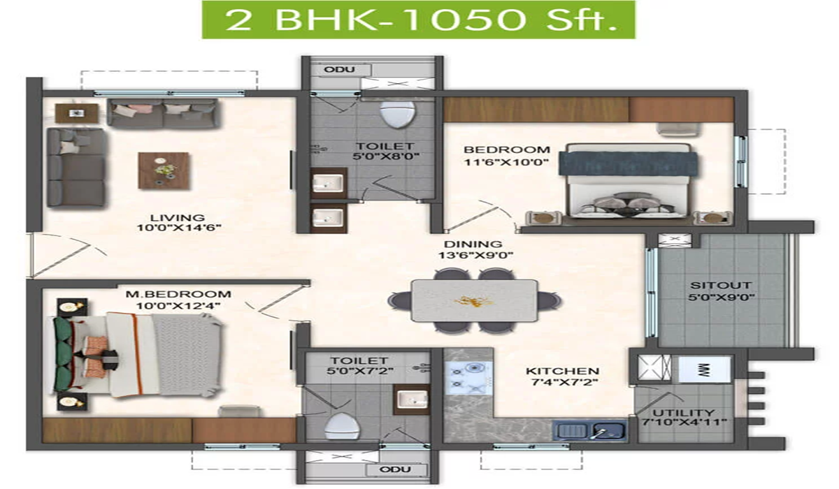 2BHK Floor Plan Pavani Mirabilia in Whitefield, Bangalore