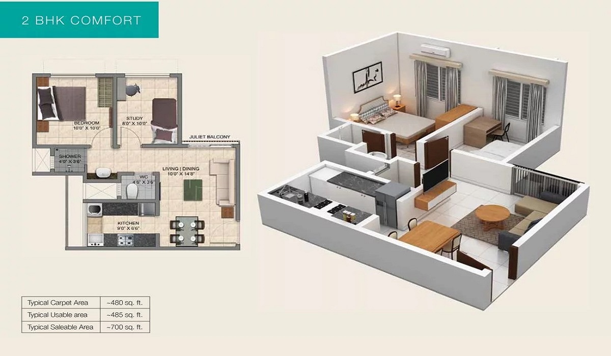 2BHK Floor Plan Provident Park Square, Kanakapura Road, Bangalore