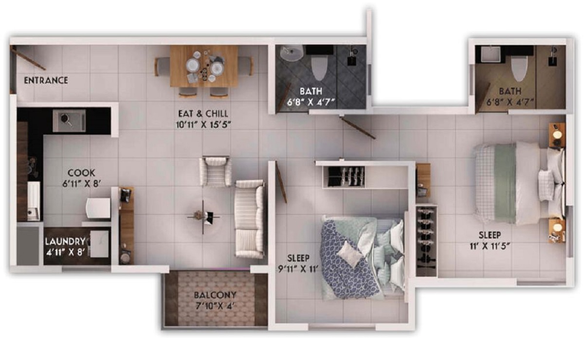 Provident Sunworth City in Mysore Road, Bangalore 2BHk Floor Plan