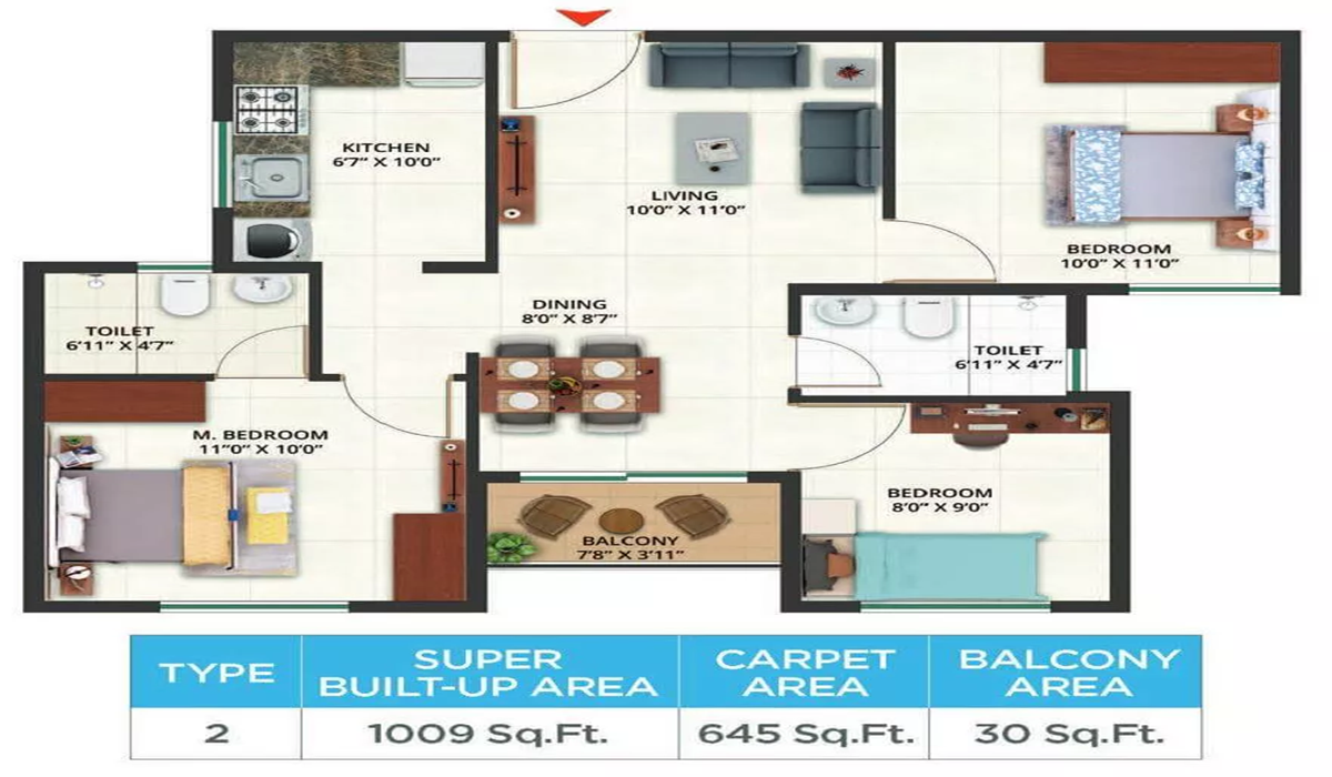 Sattva Aeropolis near Bangalore Airport, Devanahalli 2BHK Floor Plan