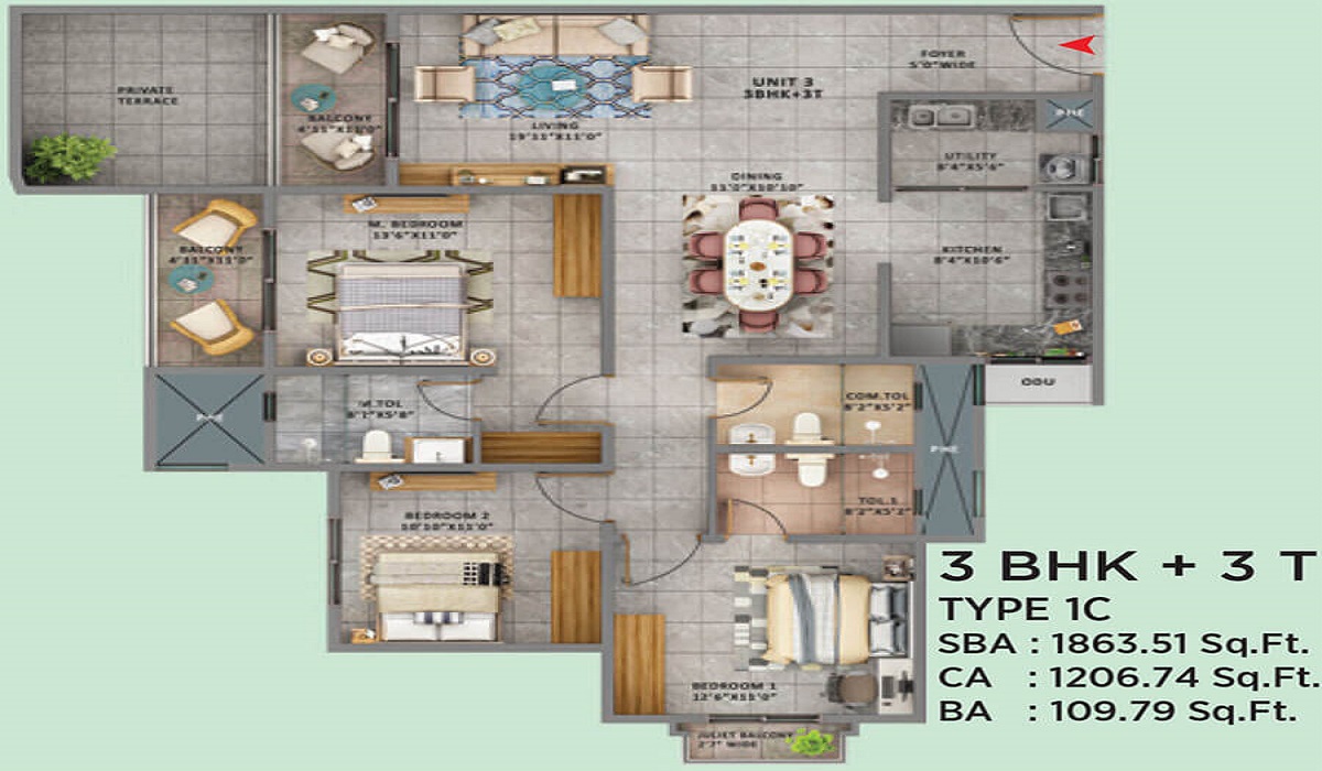 Sattva Forest Ridge JP Nagar Bangalore 3BHK Floor Plan