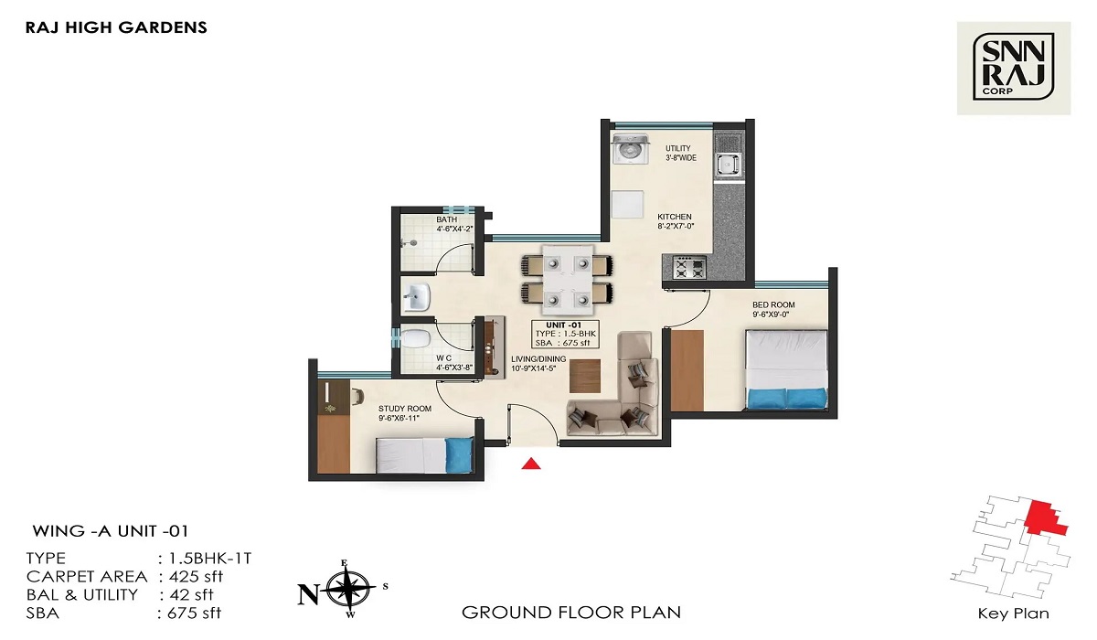 SNN Raj High Gardens Hosur Road Bangalore 1.5BHK Apartments FloorPlan